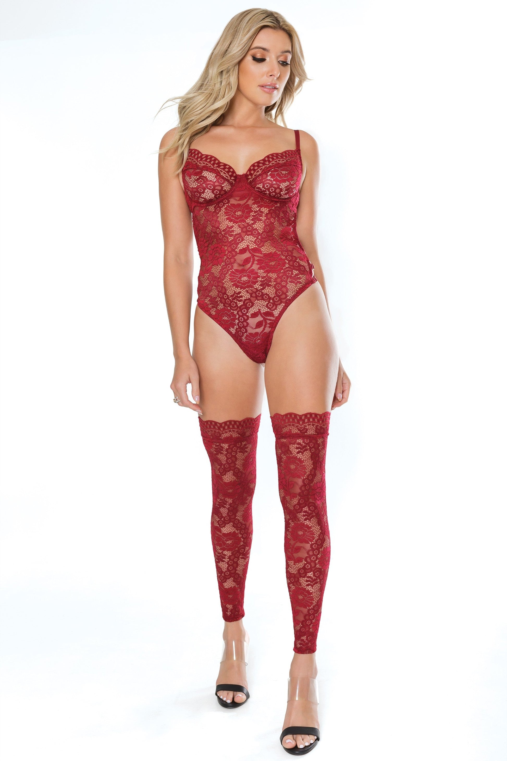 Coquette Ruby Red Scallop Stretch Lace Teddy - XOXTOYS