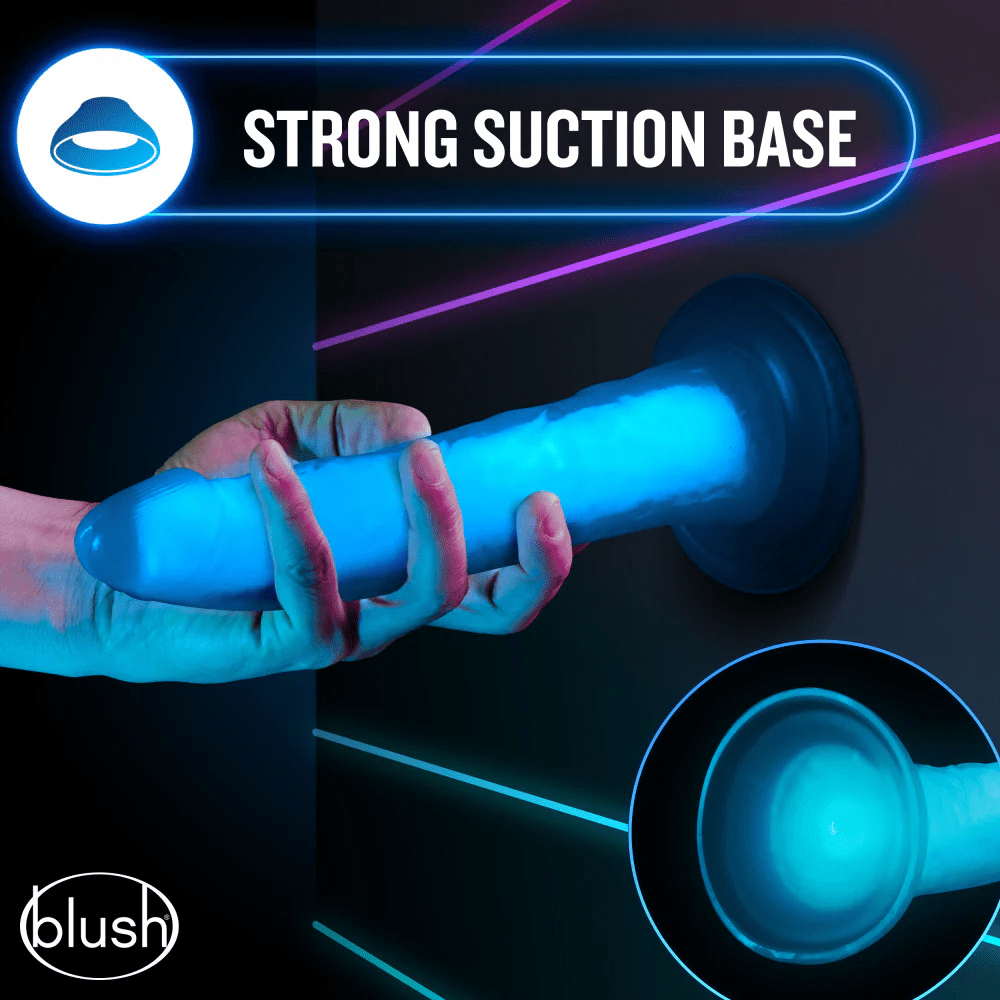Blush Sex Toys Blush Neo Blue Elite Glow in the Dark 7.5" Silicone Dual Density Cock