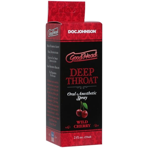 Box of GoodHead Deep Throat Oral Anesthetic Spray with wild cherry flavor on a white background