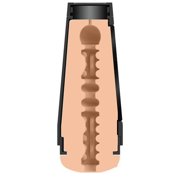 An anatomical cross-section diagram of a personal massager, showing the internal shaft, textured rod, and base against a solid white background.