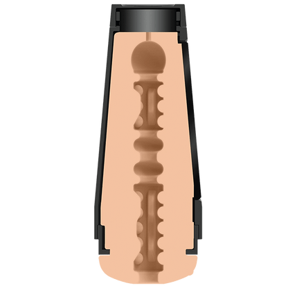 An anatomical cross-section diagram of a personal massager, showing the internal shaft, textured rod, and base against a solid white background.