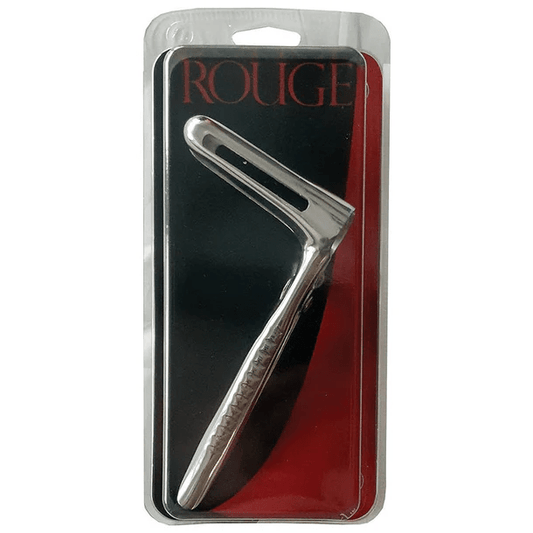 Metallic speculum in packaging with 'ROUGE' branding on a white background