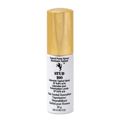 Stud 100 delay spray for men in a white and gold bottle on a white background