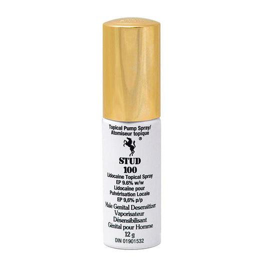 Stud 100 delay spray for men in a white and gold bottle on a white background