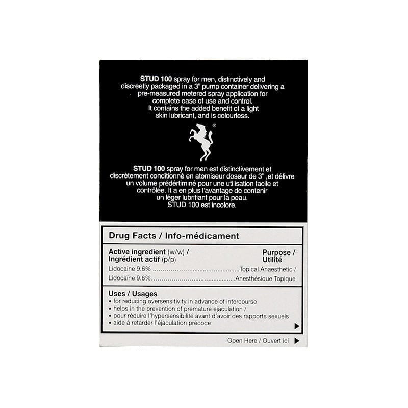 Back of the STUD 100 delay spray packaging showing product specifications