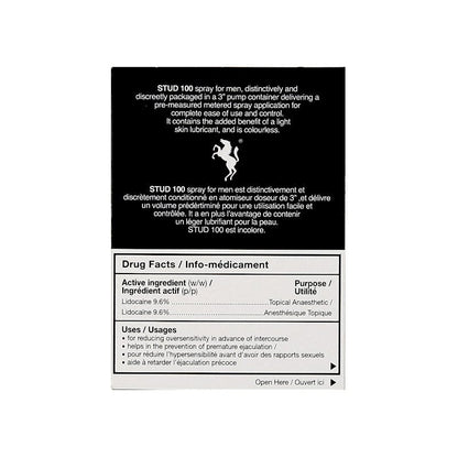 Back of the STUD 100 delay spray packaging showing product specifications