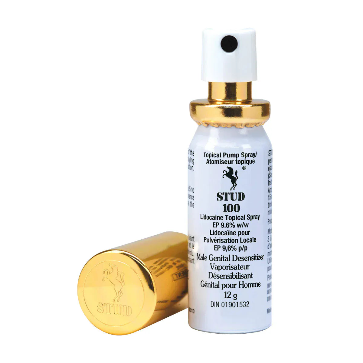 Stud 100 topical spray bottle with gold cap on a white background