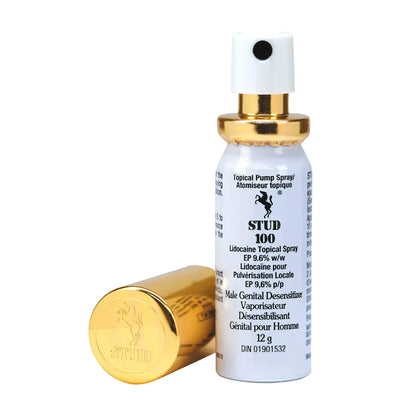 Stud 100 topical spray bottle with gold cap on a white background