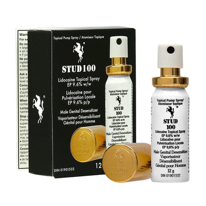 The image shows the packaging and bottle of Stud 100 Delay Spray For Men. The product is presented in a sleek, white and gold design with text detailing product usage and features.