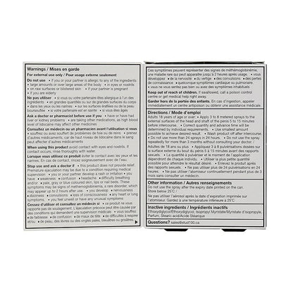 Directions and warning information printed on the STUD 100 delay spray packaging