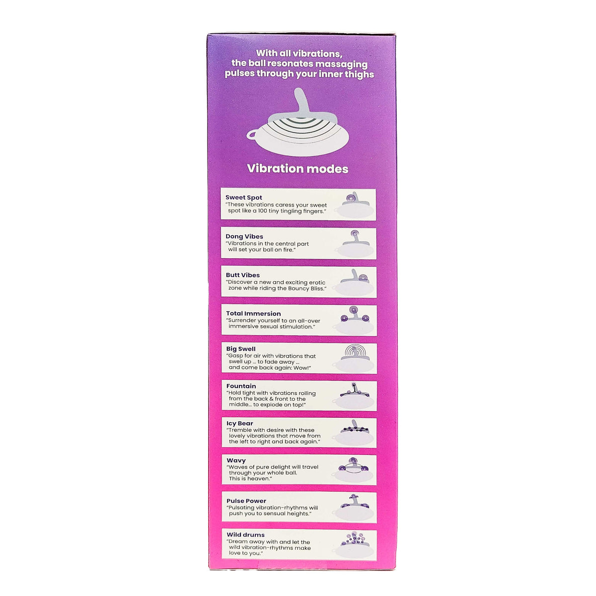 Side view of Bouncy Bliss Classic sit-on vibrator side  wiew packaging with info