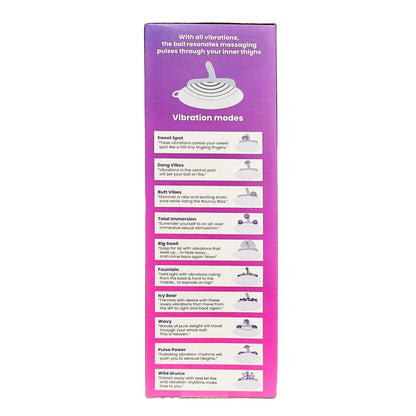 Side view of Bouncy Bliss Classic sit-on vibrator side  wiew packaging with info