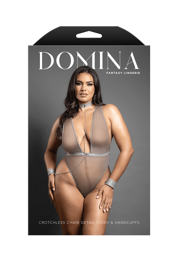Fantasy Lingerie Lingerie Q/S Fantasy Lingerie Domina Crotchless Chain Detail Teddy & Handcuffs