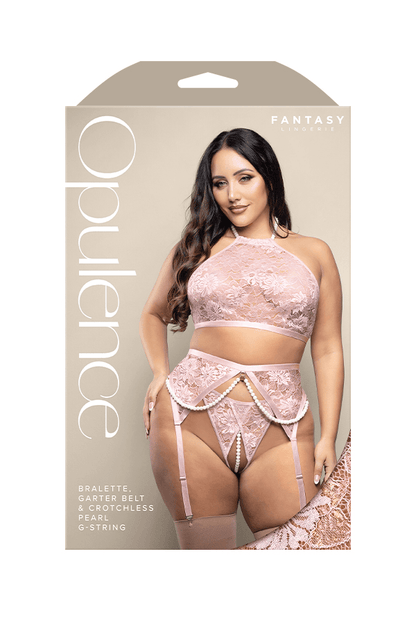 Fantasy Lingerie Lingerie Q/S Fantasy Lingerie Opulence Bralette, Garter Belt & Crotchless Pearl G-String