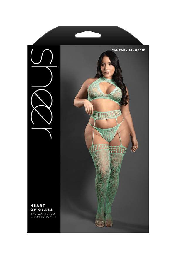 Fantasy Lingerie Lingerie Queen Size Fantasy Lingerie Sheer Heart Of Glass 3-Piece Gartered Stockings Set