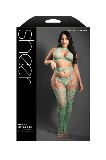 Fantasy Lingerie Lingerie Queen Size Fantasy Lingerie Sheer Heart Of Glass 3-Piece Gartered Stockings Set