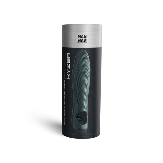 Man Wan RYZER penis extender sleeve and masturbator in pine grey with Case vertical view