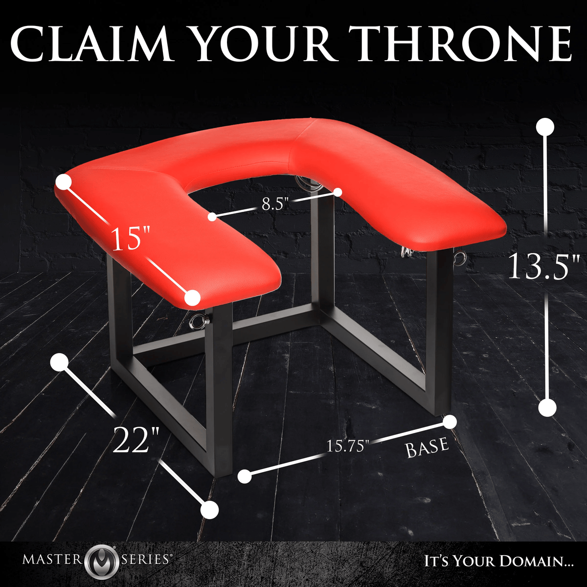 Master Series Face Rider Queening Chair adult furniture for supported positioning with dimensions and message saying "claim your throne"