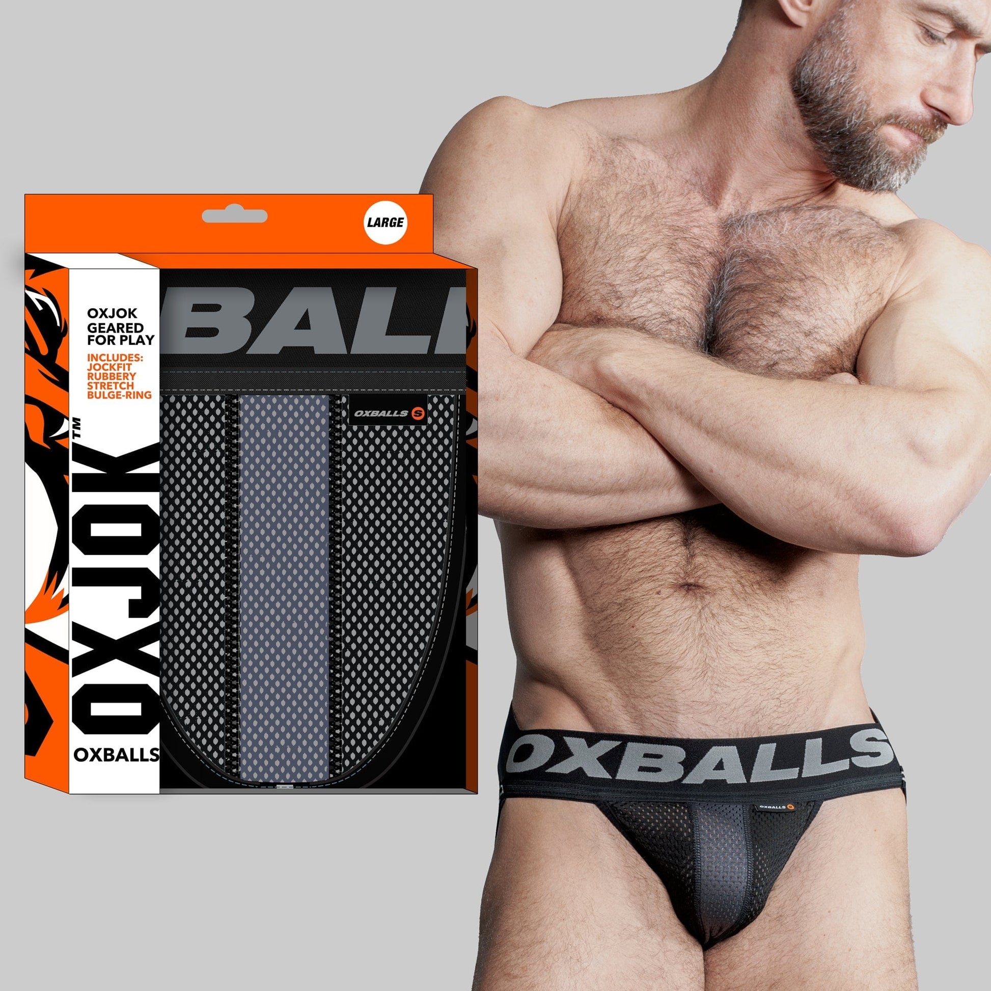 OXBALLS AIRMESH swagger jockstrap, TAR BLACK, LARGE
