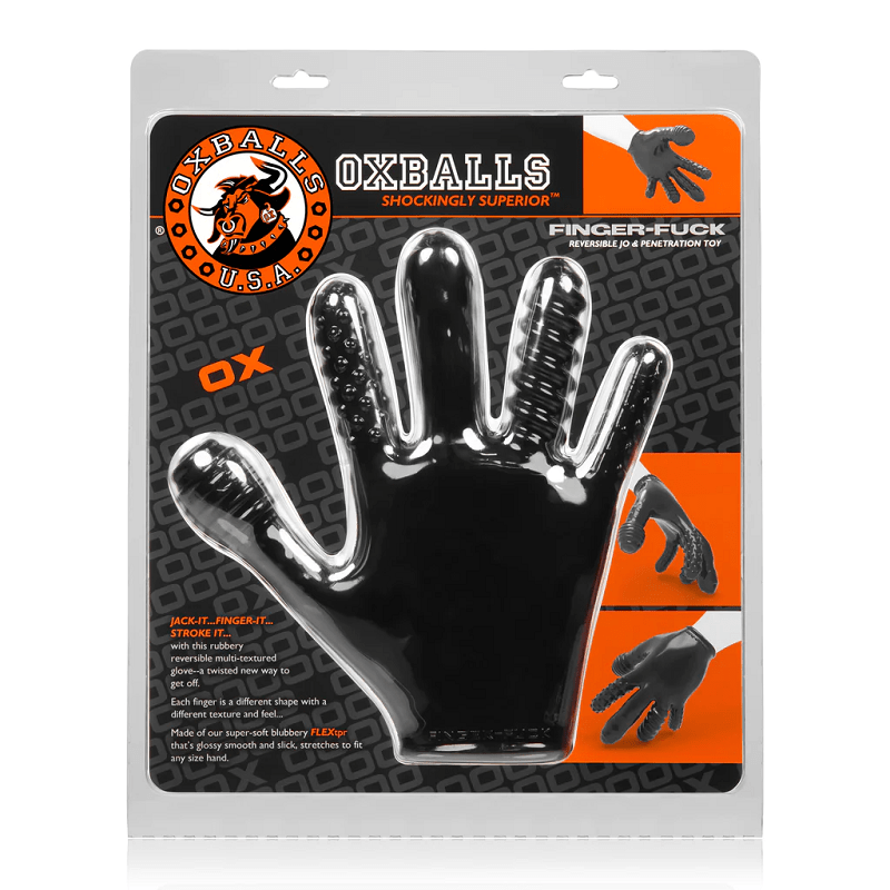OXBALLS Finger Fuck Glove in retail packaging