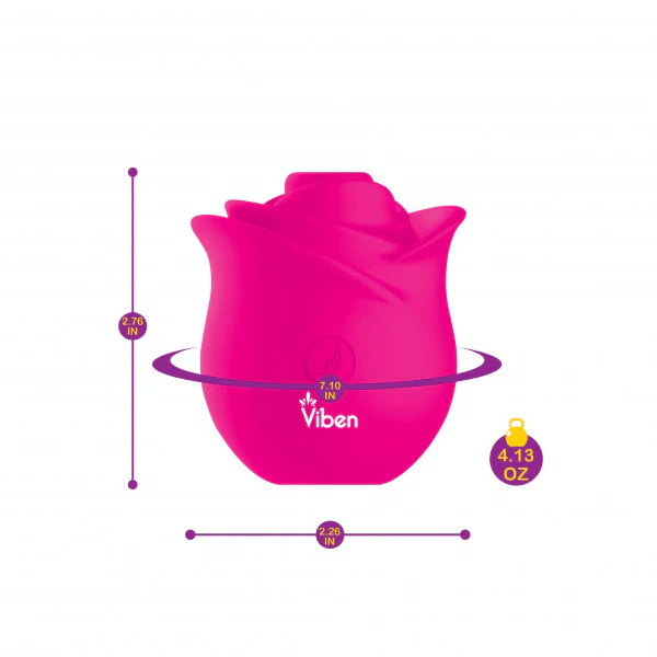 Hot pink Viben Zen Rose clitoral stimulator with product dimensions