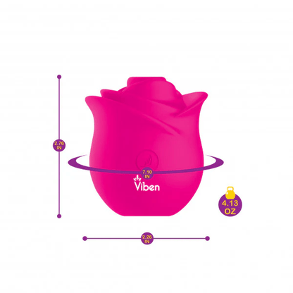 Hot pink Viben Zen Rose clitoral stimulator with product dimensions