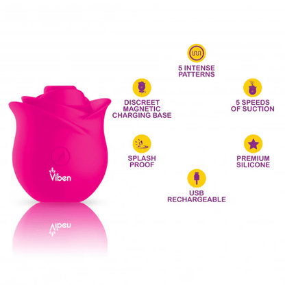 Hot pink Viben Zen Rose clitoral stimulator with feature callouts