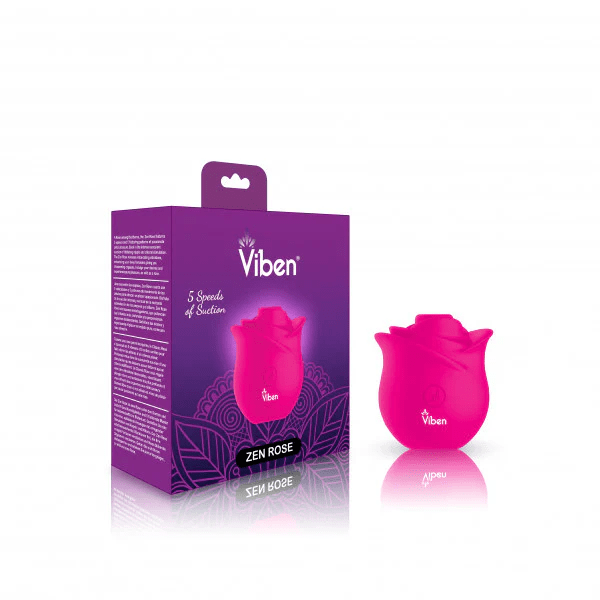 Hot pink Viben Zen Rose clitoral stimulator with retail packaging.