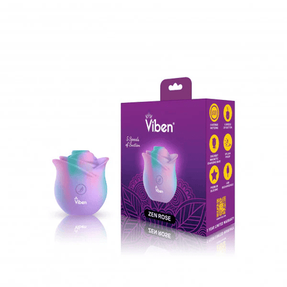 Rainbow Viben Zen Rose clitoral stimulator with branded packaging and product