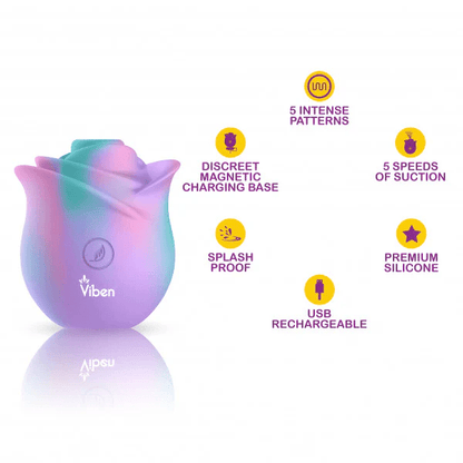 Rainbow Viben Zen Rose clitoral stimulator with feature callouts