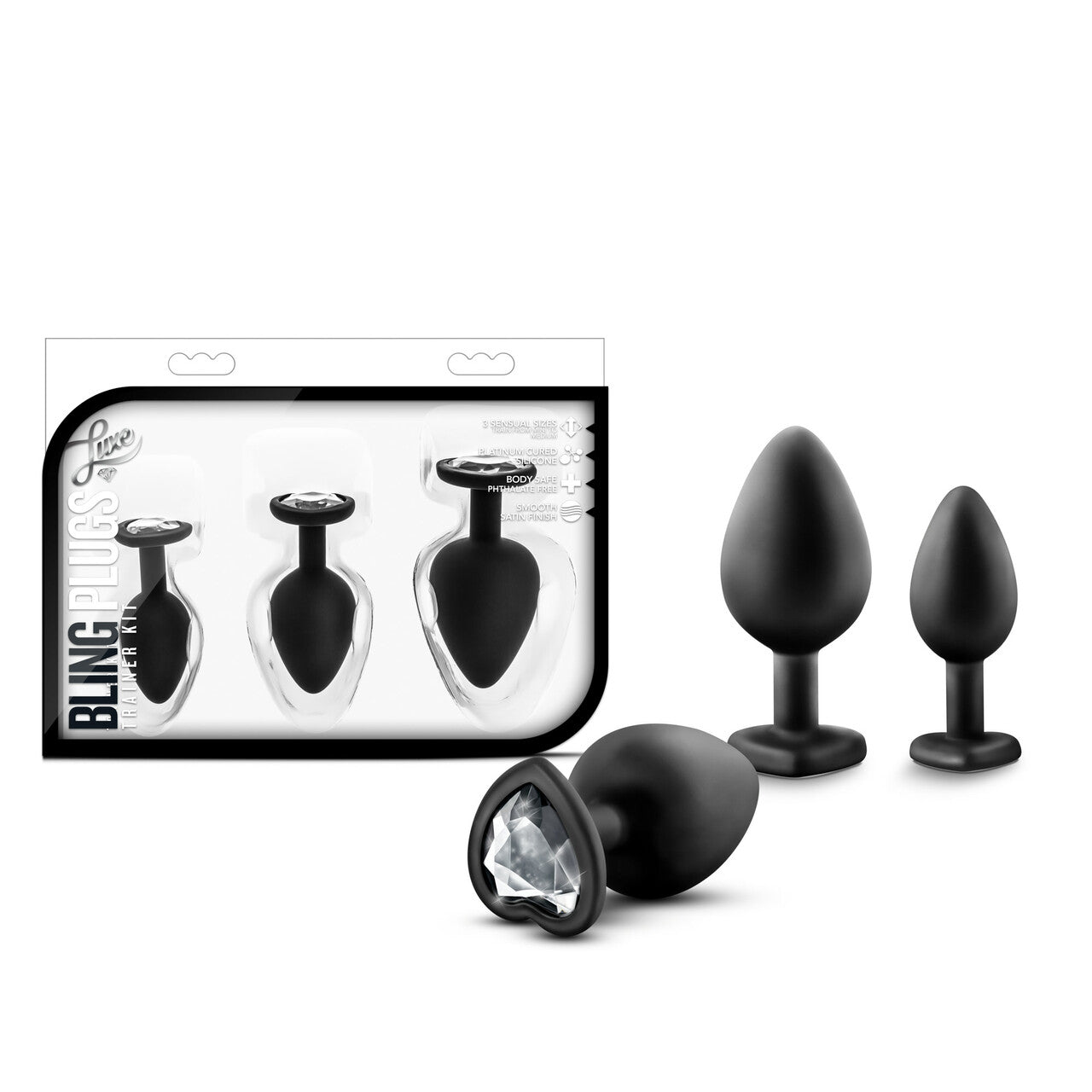 Blush Luxe Black With White Gems Bling Plugs Training Kit-Anal Toys-Blush-XOXTOYS