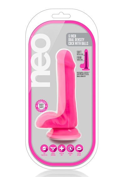 Blush Neo Neon Pink 6 Inch Dual Density Cock With Balls - XOXTOYS
