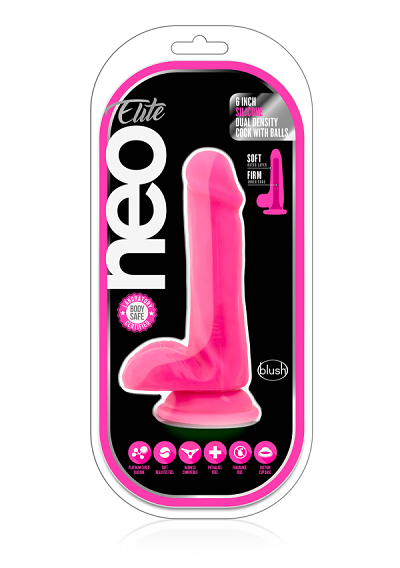 Blush Neo Neon Pink Elite 6 Inch Silicone Dual Density Cock w Balls - XOXTOYS