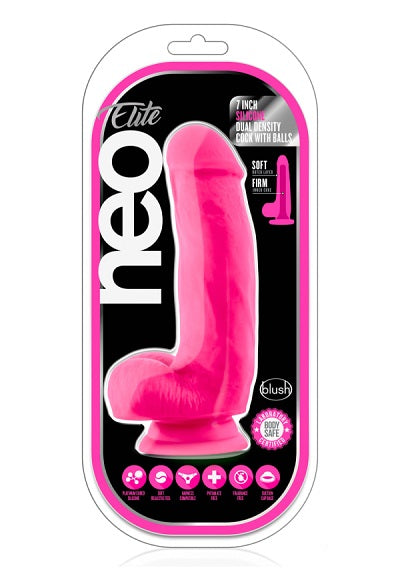 Blush Neo Neon Pink Elite 7 Inch Silicone Dual Density Cock w Balls - XOXTOYS