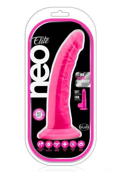 Blush Neo Neon Pink Elite 7.5 Inch Silicone Dual Density Cock - XOXTOYS