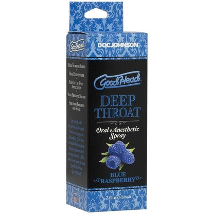 Packaging of Doc Johnson GoodHead Deep Throat Spray with blue and white color scheme, featuring a flavor option of Blue Raspberry and an image of blueberries.