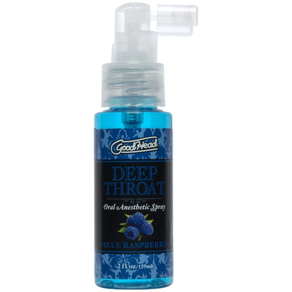 Doc Johnson GoodHead Deep Throat Spray bottle in Blue Raspberry flavor.

