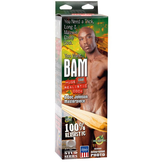 Packaging of the Doc Johnson Bam Realistic Dong, showing a lifelike dildo with a suction cup base, molded from a real person. The packaging highlights the product's realistic texture and size.