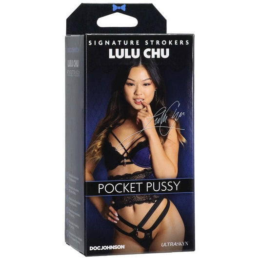 The product packaging showcases the Doc Johnson UltraSkyn Lulu Chu Pocket Pussy, featuring a model in a suggestive pose. The box highlights the product's features, including its molding from Lulu Chu's body and its use of Ultraskyn material for a realistic feel.