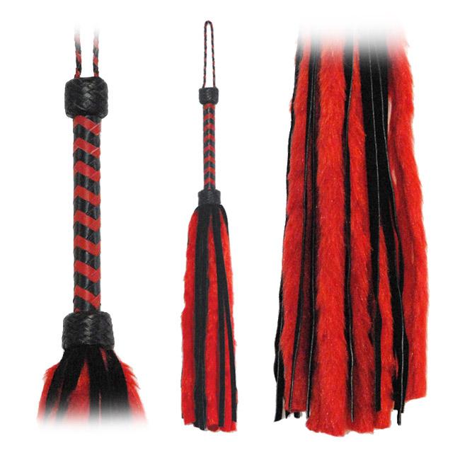 Fetissimo Flogger Red Fur Black Suede Tails 26 inches - XOXTOYS