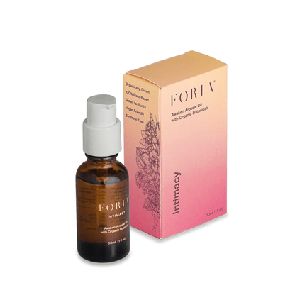 The product image shows a bottle of Foria Awaken Arousal Oil with a spray nozzle, alongside its packaging box which features botanical illustrations and the brand name.